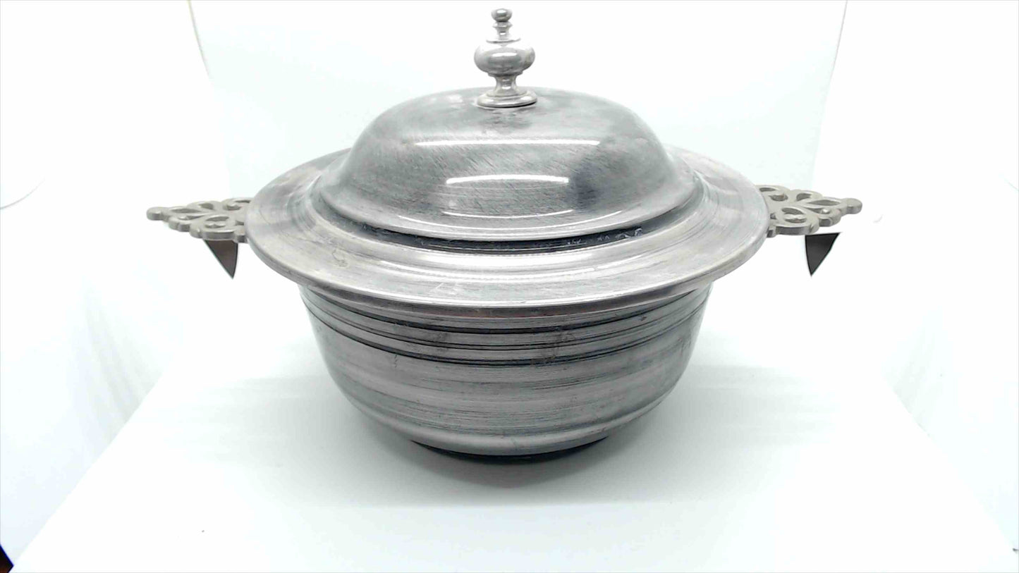 Vintage Pewter Lidded Serving Bowl with Ornate Handles