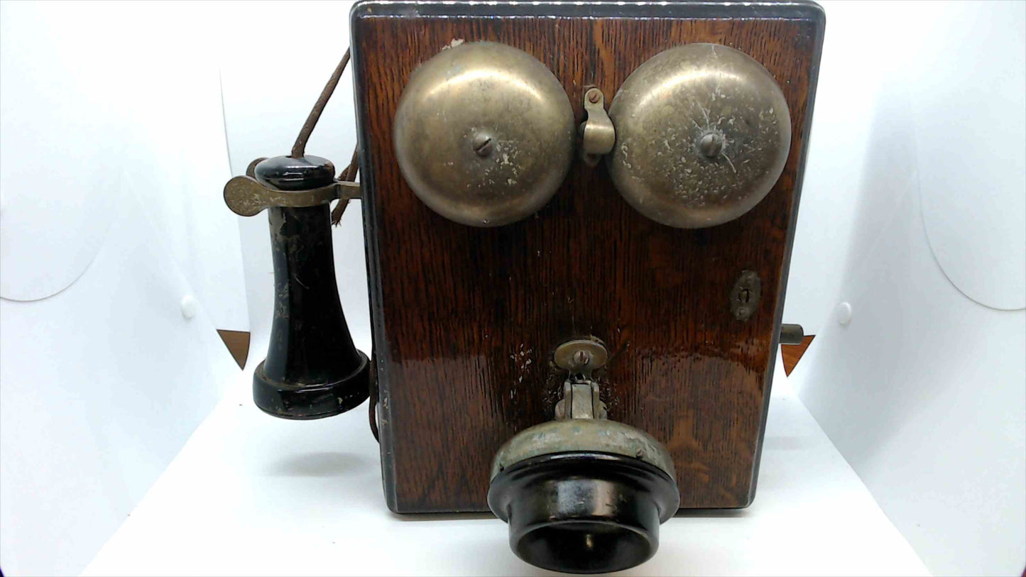 Antique Wooden Wall-Mount Crank Telephone – Early 1900s Vintage Oak Box Phone with Dual Bells