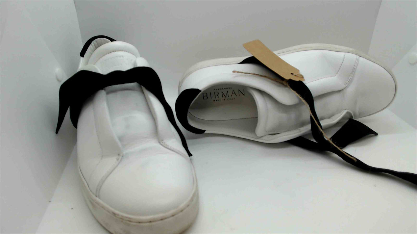 Alexander Birman White Leather Sneakers with Black Velvet Ribbon Laces