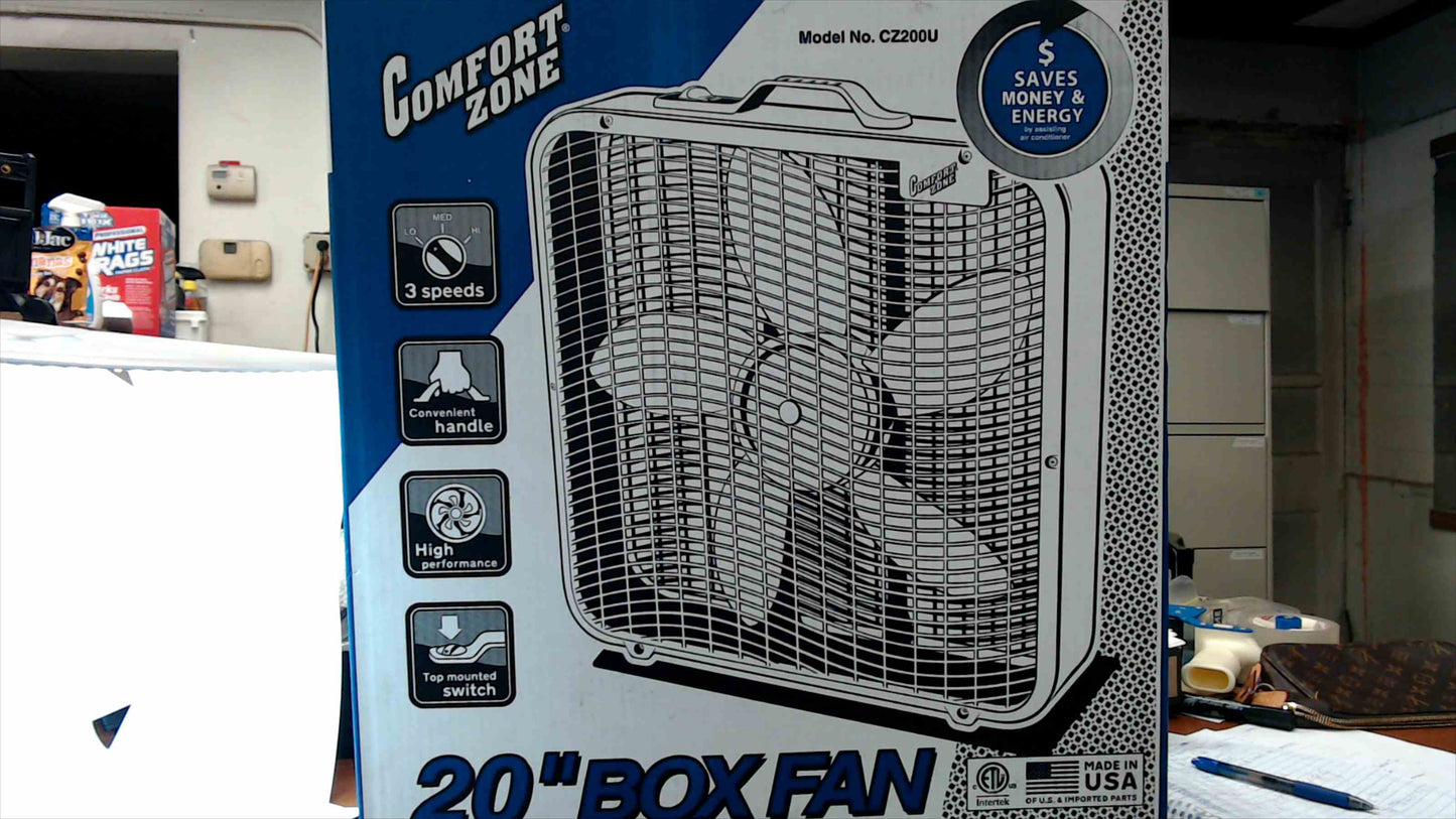 Comfort Zone 20ā Box Fan ā 3-Speed High Performance Cooling Fan (Model CZ200U) Brand New in Box