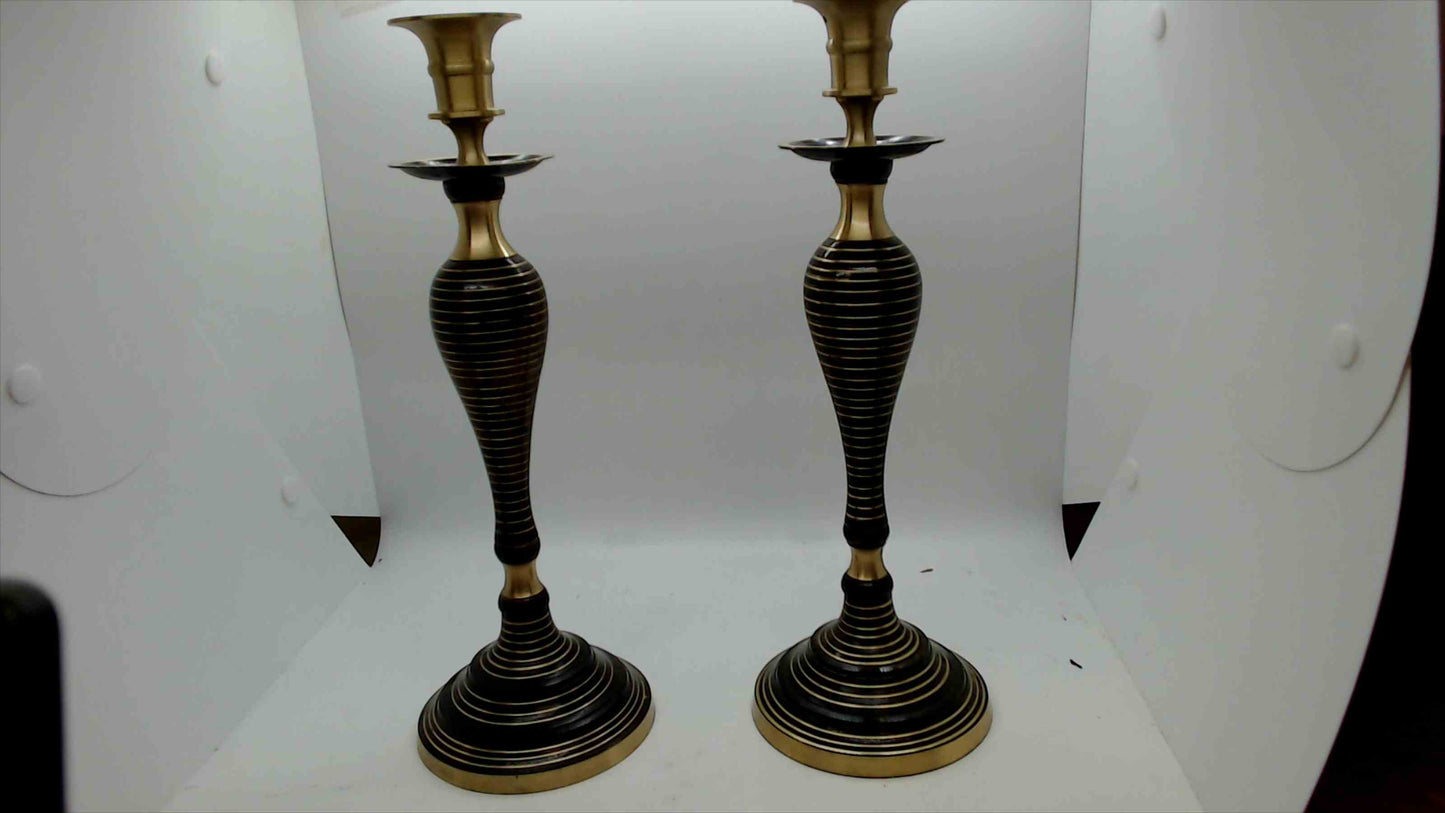 Vintage Brass & Black Striped Taper Candle Holders – Set of 2 – About 11” Tall