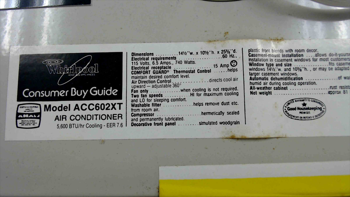 New Whirlpool ACC602XT 5,600 BTU Casement Window Air Conditioner