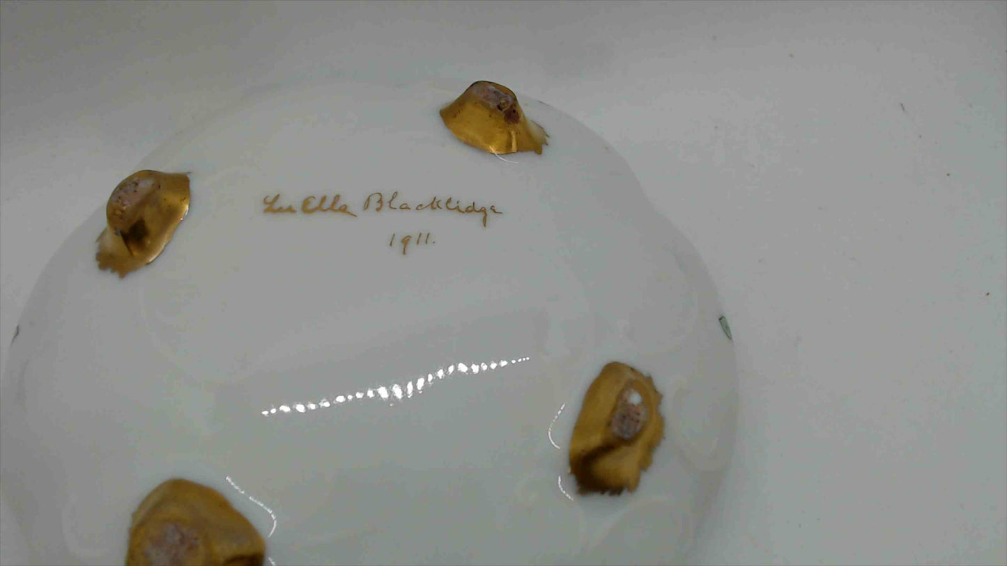 Antique 1911 Hand-Painted Footed Porcelain Bowl – Signed by LucElla Blacklidge