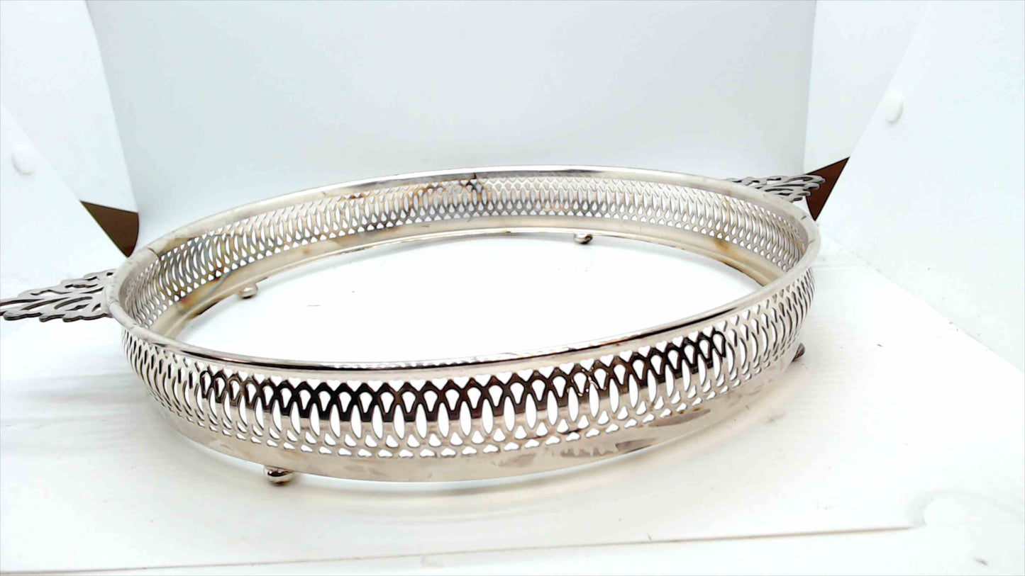 Vintage Silver-Plated Round Gallery Tray with Handles – Footed Pierced Design