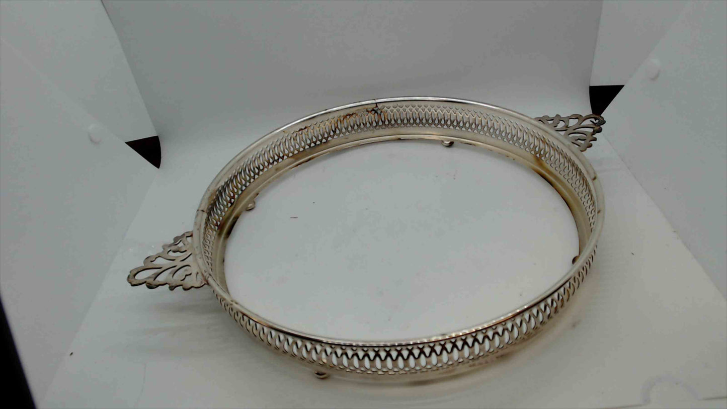 Vintage Silver-Plated Round Gallery Tray with Handles – Footed Pierced Design
