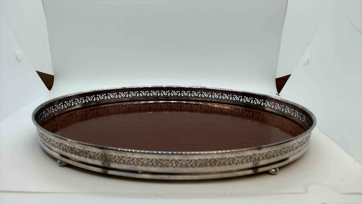 Vintage Silverplate & Wood Oval Serving Tray – Footed Pierced Gallery Edge
