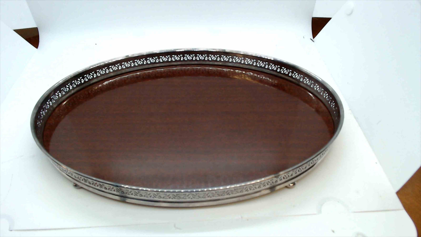 Vintage Silverplate & Wood Oval Serving Tray – Footed Pierced Gallery Edge