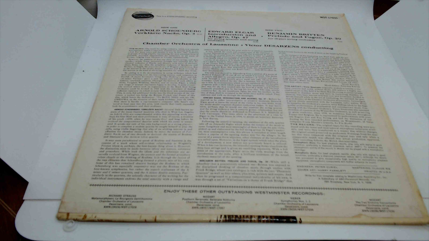 Schoenberg / Elgar / Britten – Verklärte Nacht, Op. 4 / Introduction & Allegro, Op. 47 / Prelude & Fugue, Op. 29 – Westminster WST 17031 Vinyl LP
