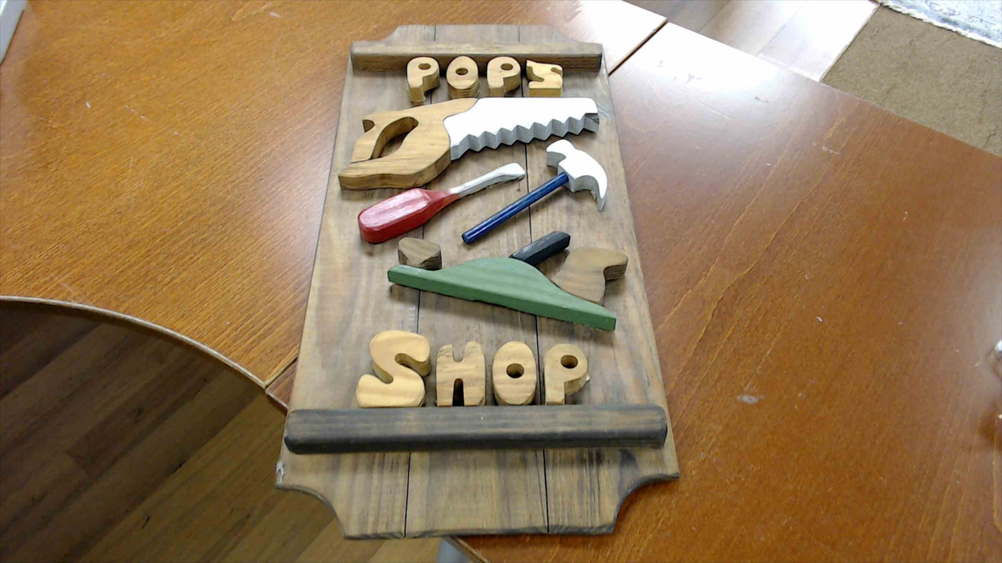 Rustic “Pop’s Shop” Handmade 3D Wooden Wall Art Sign – Tool Theme