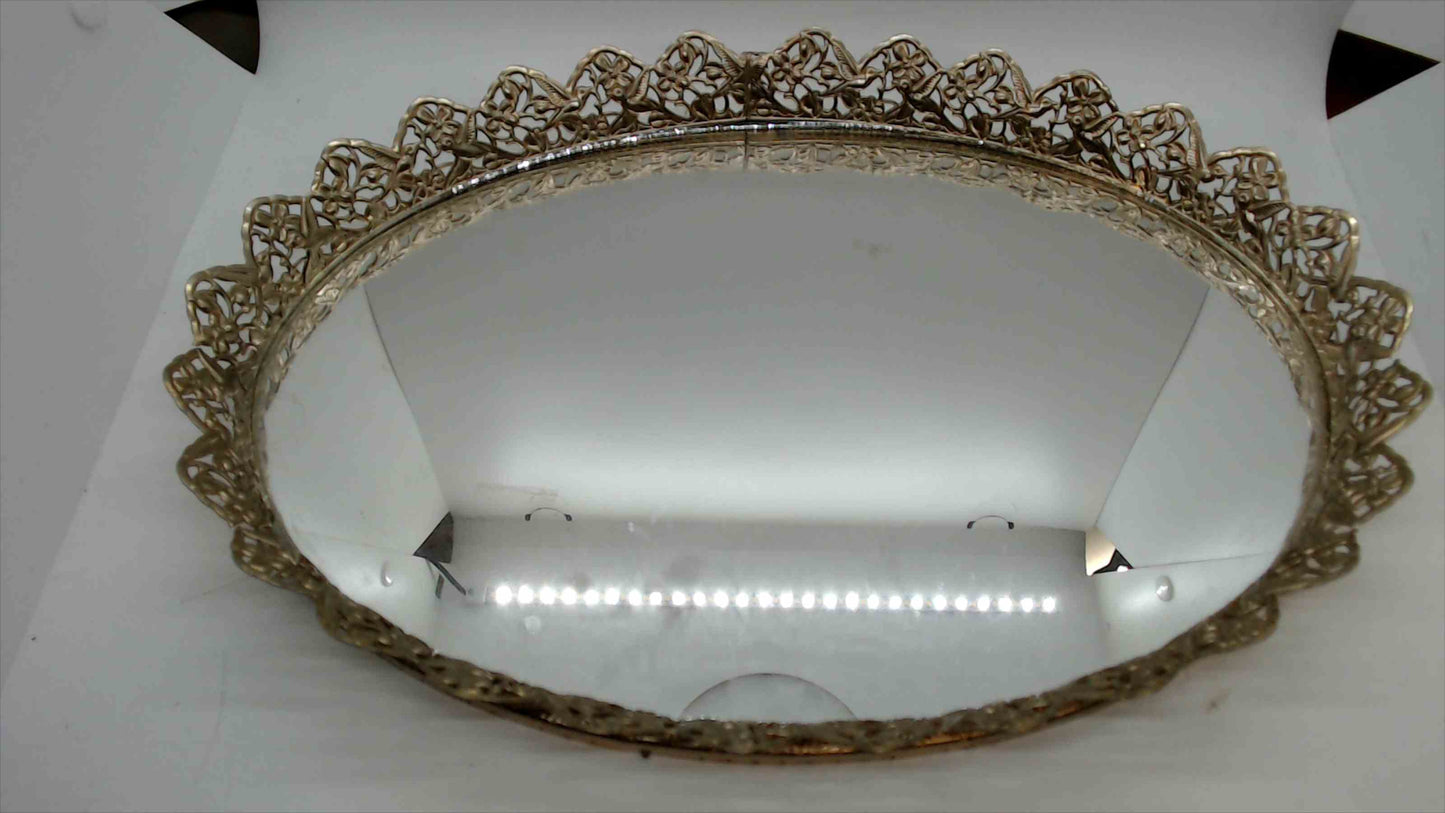 Vintage Ornate Silver-Plated Filigree Mirror Vanity Tray – Oval