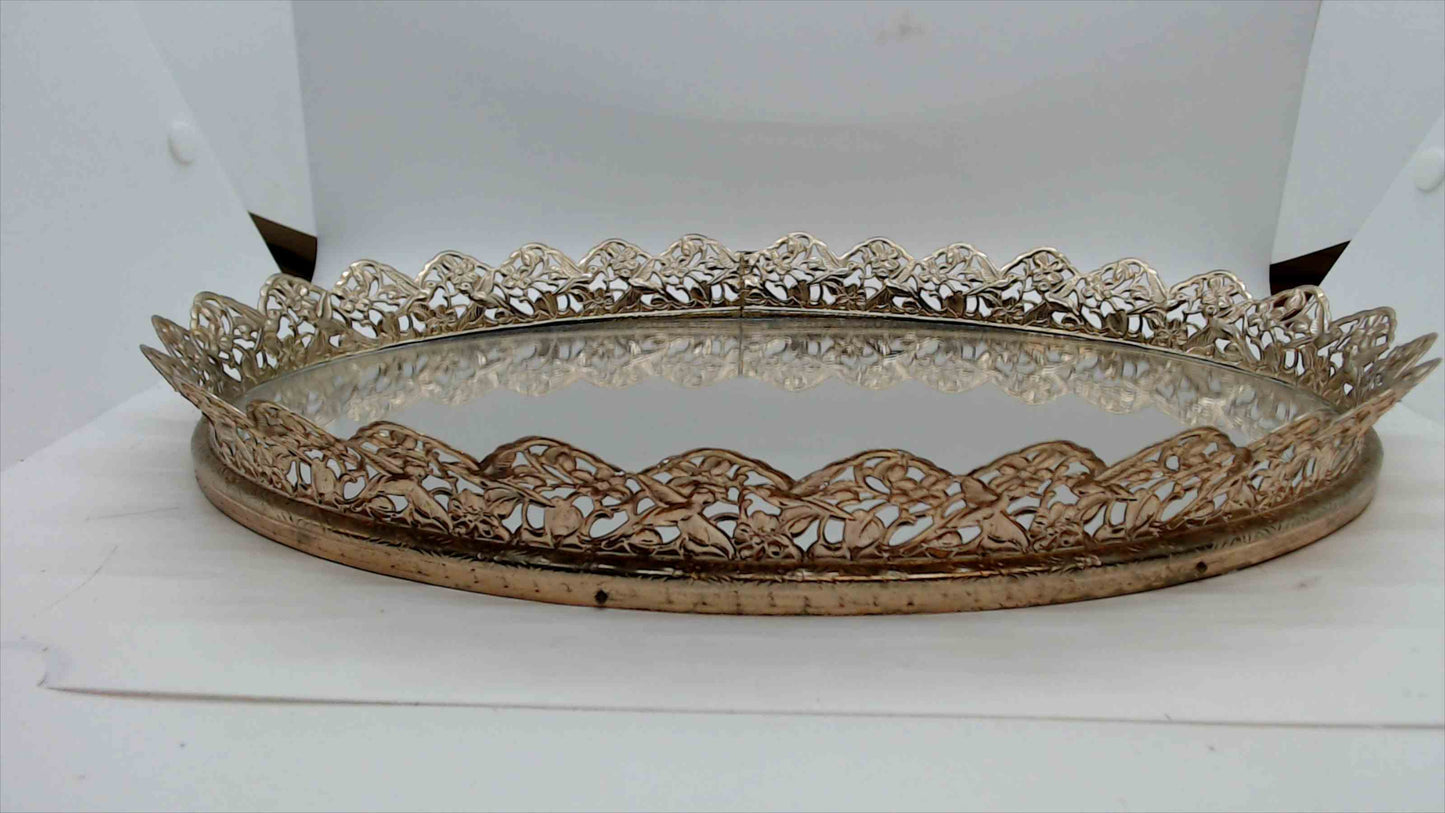 Vintage Ornate Silver-Plated Filigree Mirror Vanity Tray – Oval