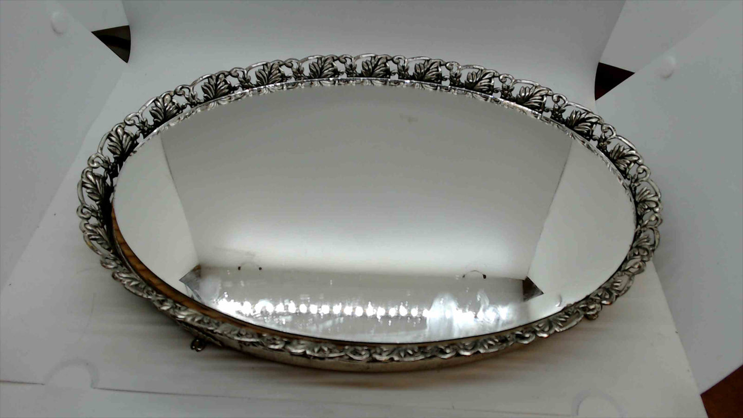 Vintage Silver-Plated Ornate Footed Oval Mirror Vanity Tray – Leaf Pattern