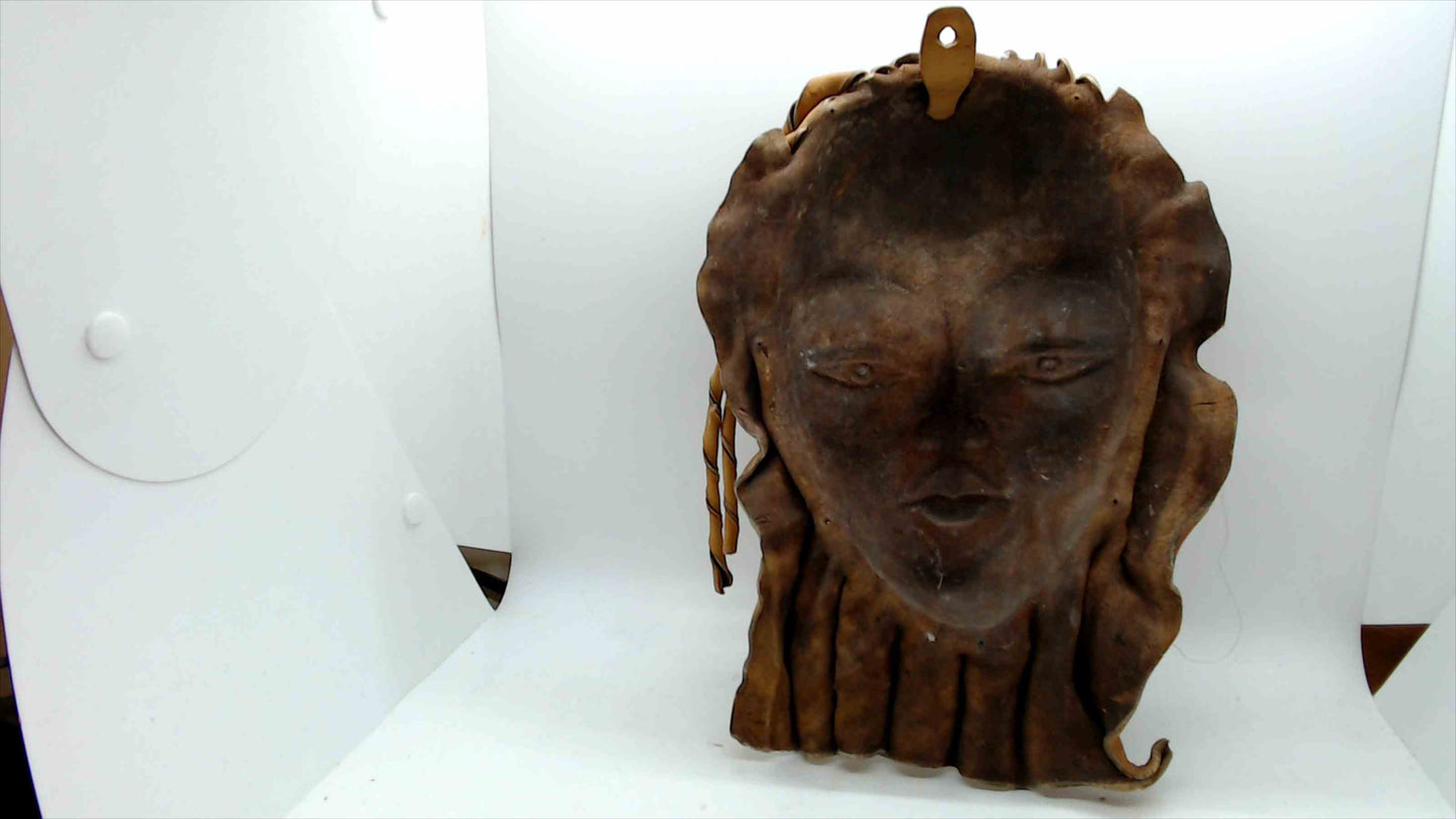 Handcrafted Leather Face Wall Hanging – Braided Hair Design