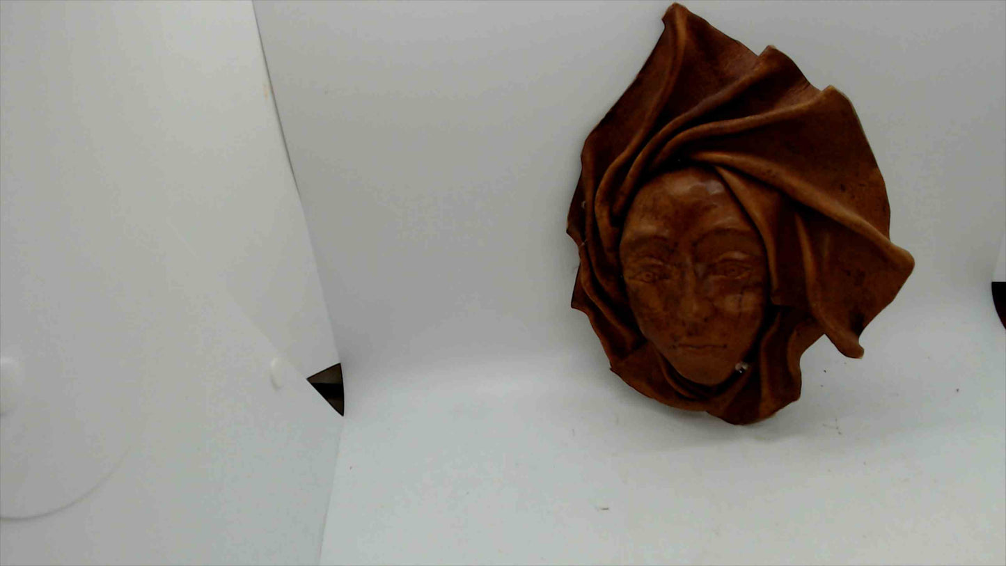 Vintage Handcrafted Leather Wall Mask – Woman with Flowing Headscarf