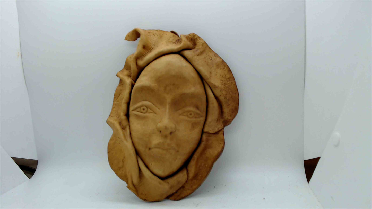Vintage Leather Sculpted Wall Mask – Woman’s Face with Draped Headscarf