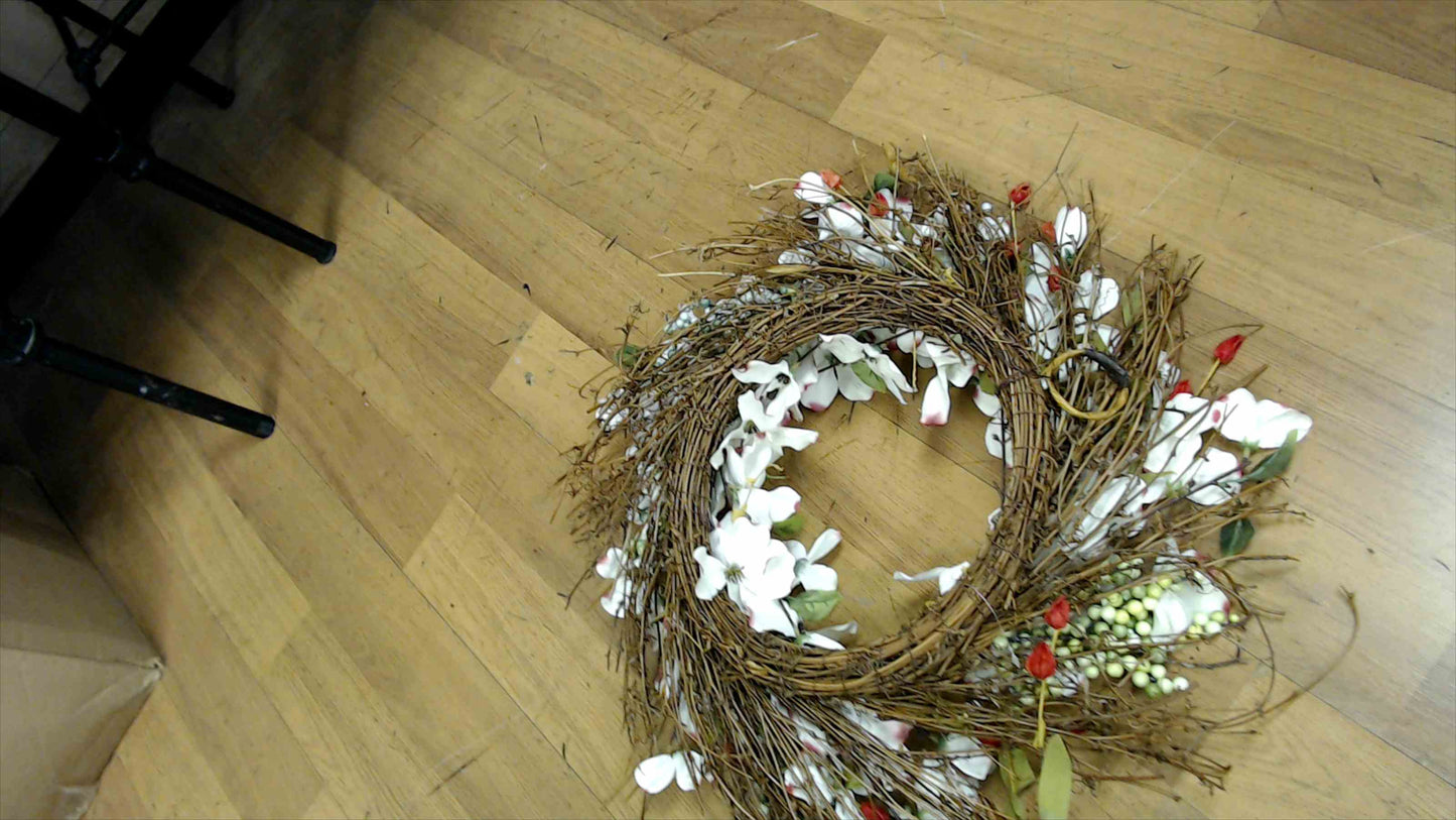 Spring Dogwood & Berry Grapevine Wreath – 22” Rustic Floral Door Décor