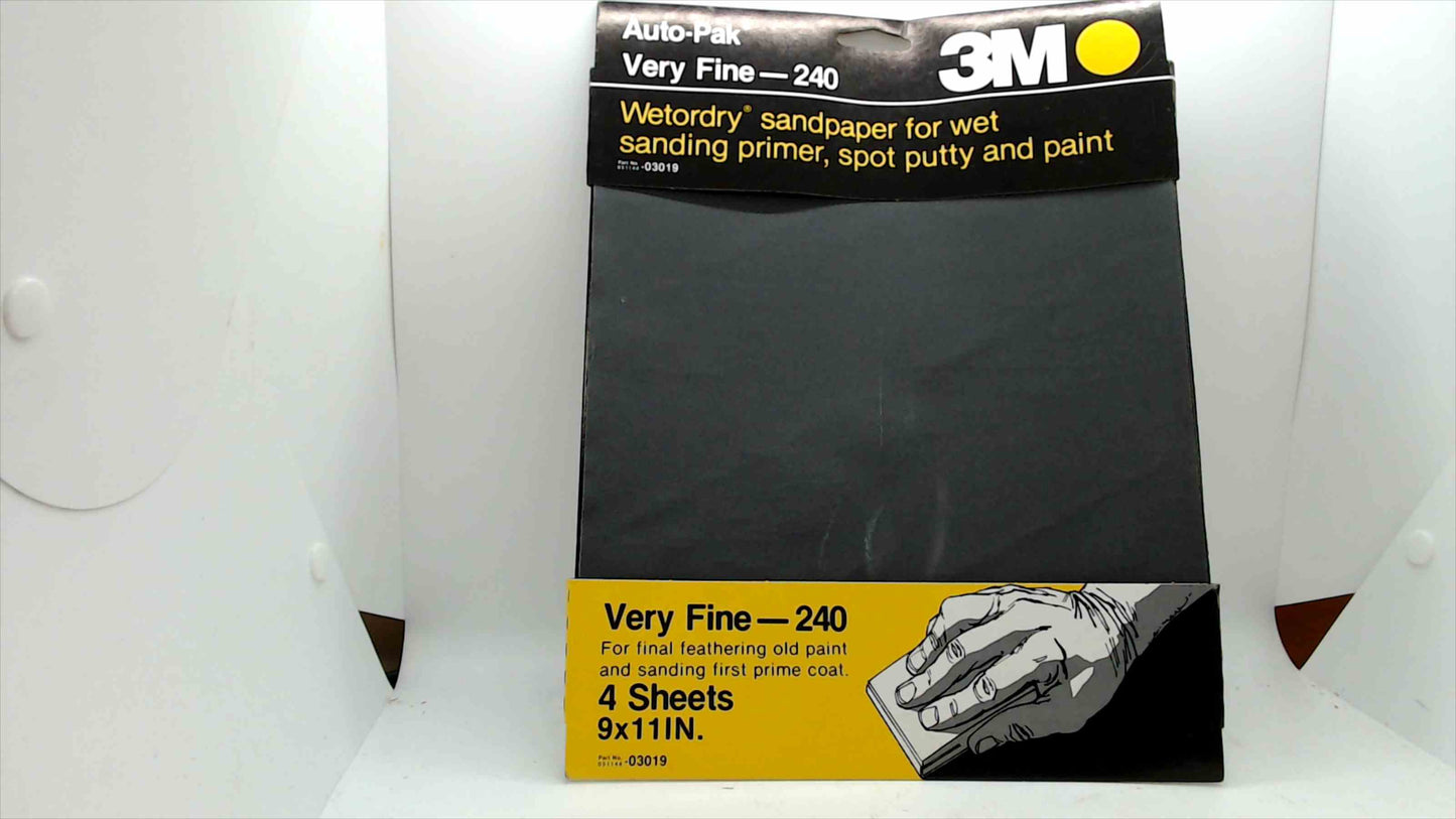 3M Auto-Pak (Auto-Pak) Wet/Dry Sandpaper – Very Fine (240 Grit), 9″ × 11″ (4-Sheet Pack)