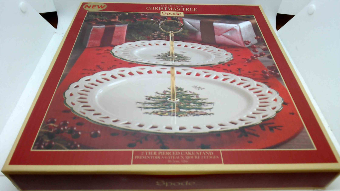 Spode Christmas Tree 2-Tier Pierced Cake Stand – Holiday Porcelain, Microwave & Dishwasher Safe