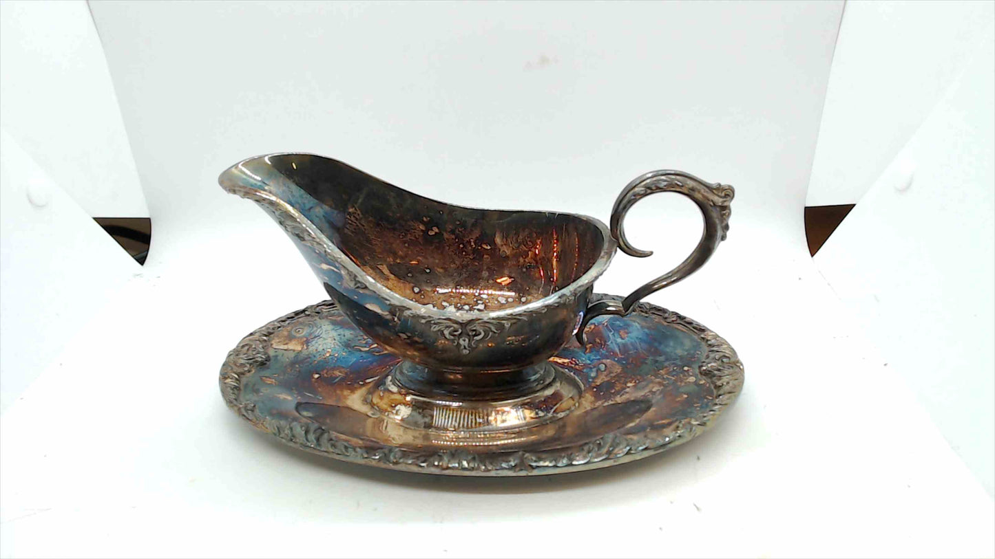 Vintage King Edward Silverplate Gravy Boat with Attached Underplate – Ornate Design