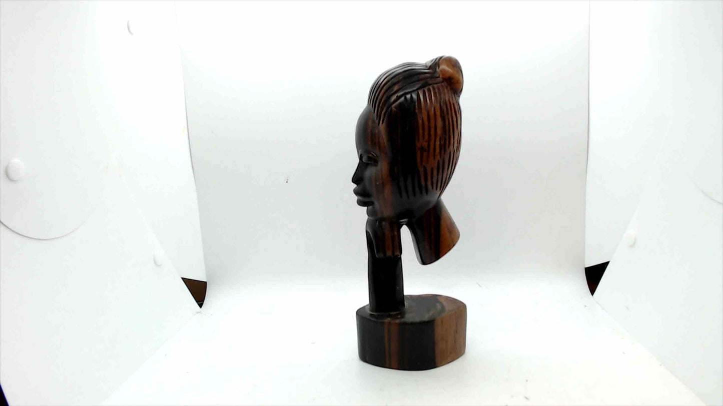 Vintage Hand-Carved African Tribal Ebony Wood Bust Sculpture – Woman Resting on Hand