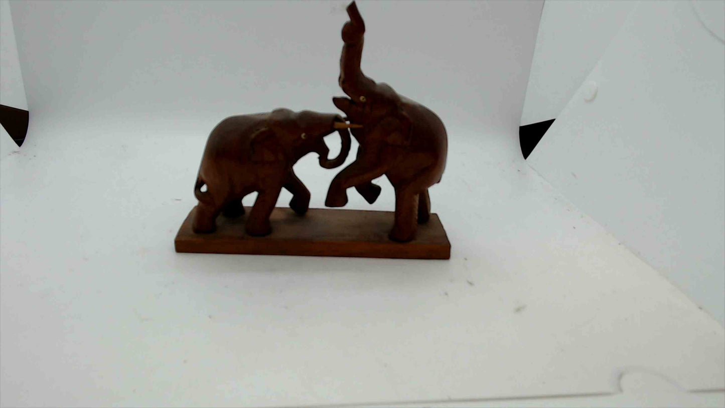 Vintage Hand-Carved Wooden Elephant Figurine – Pair of Fighting Elephants on Base