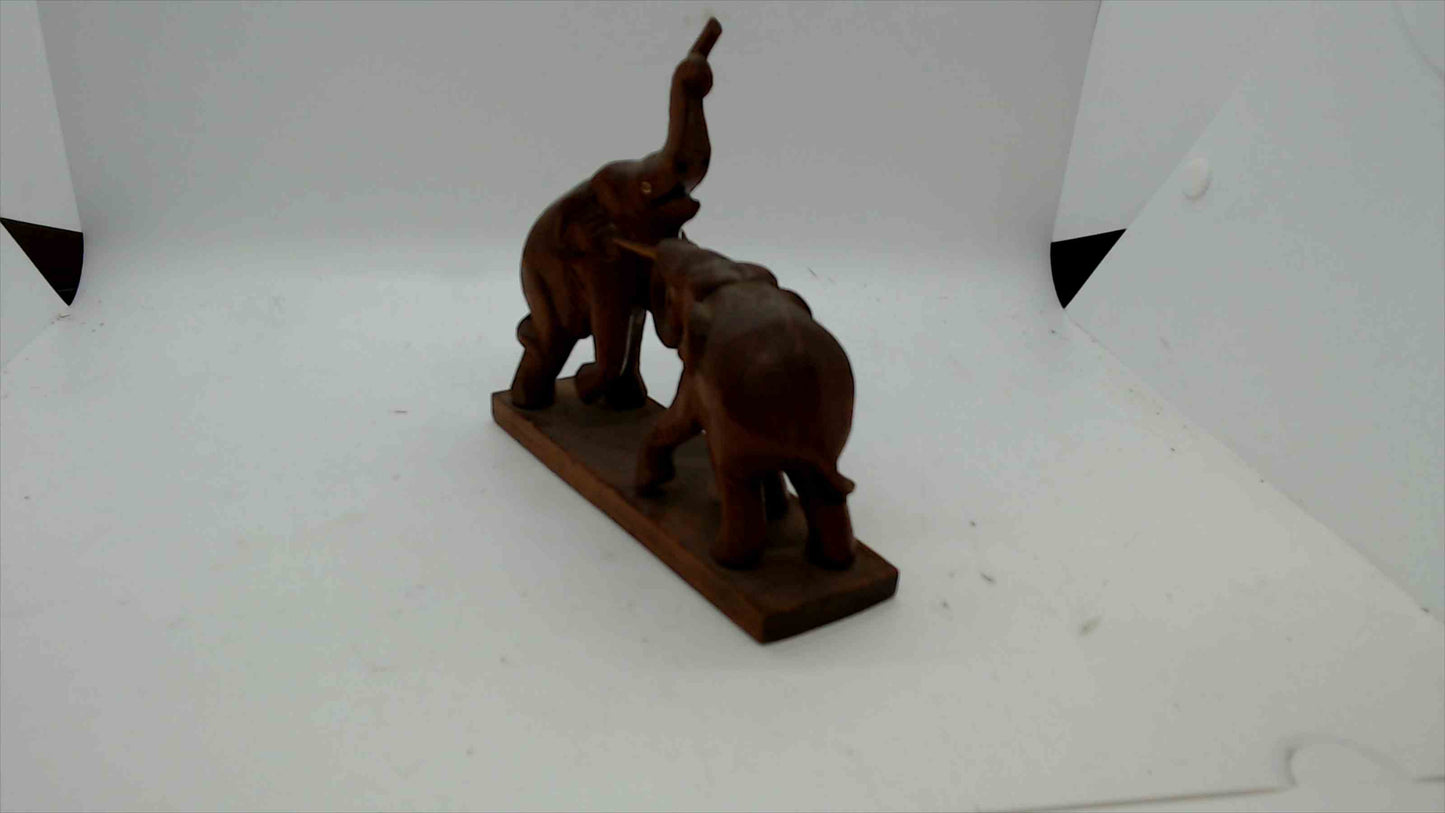 Vintage Hand-Carved Wooden Elephant Figurine – Pair of Fighting Elephants on Base