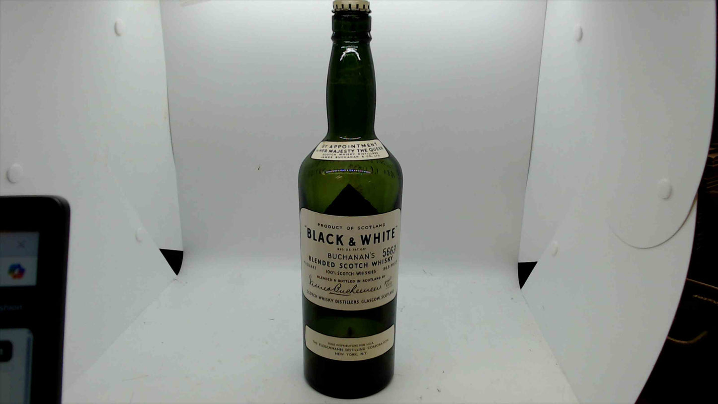 Vintage Black & White Buchanan’s Scotch Whisky Bottle – Empty, Green Glass w/ Paper Labels