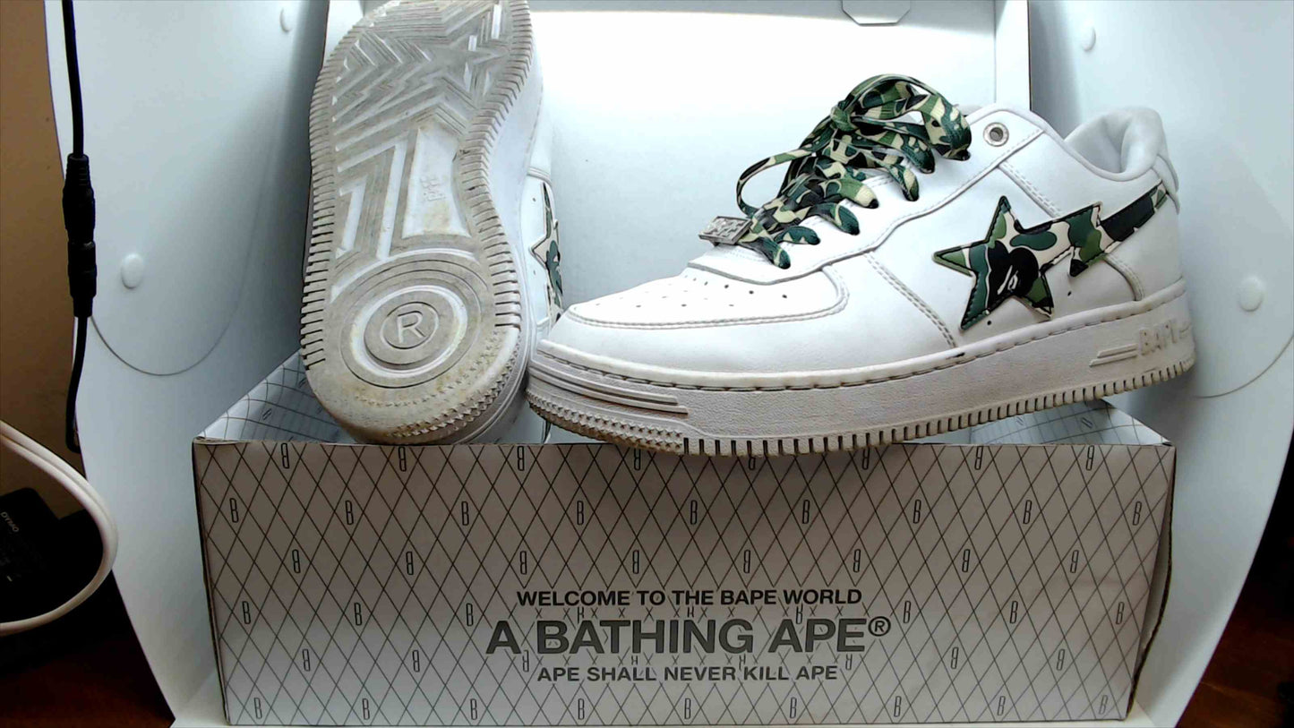 A Bathing Ape Bape Sta Low Top Sneakers – White/Green Camo, Size 11, w/ Original Box