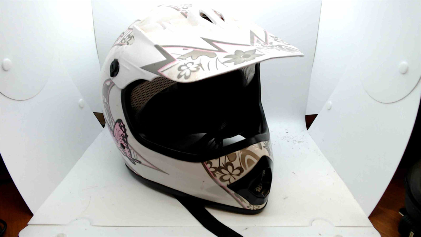 TCMT DOT-Certified Women’s Motocross/Off-Road Helmet – White w/ Pink & Gray Floral & Butterfly Graphics