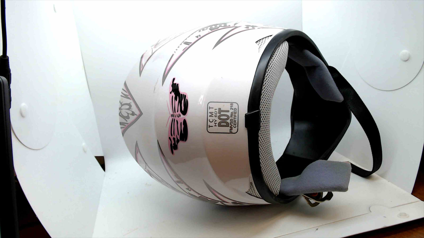 TCMT DOT-Certified Women’s Motocross/Off-Road Helmet – White w/ Pink & Gray Floral & Butterfly Graphics
