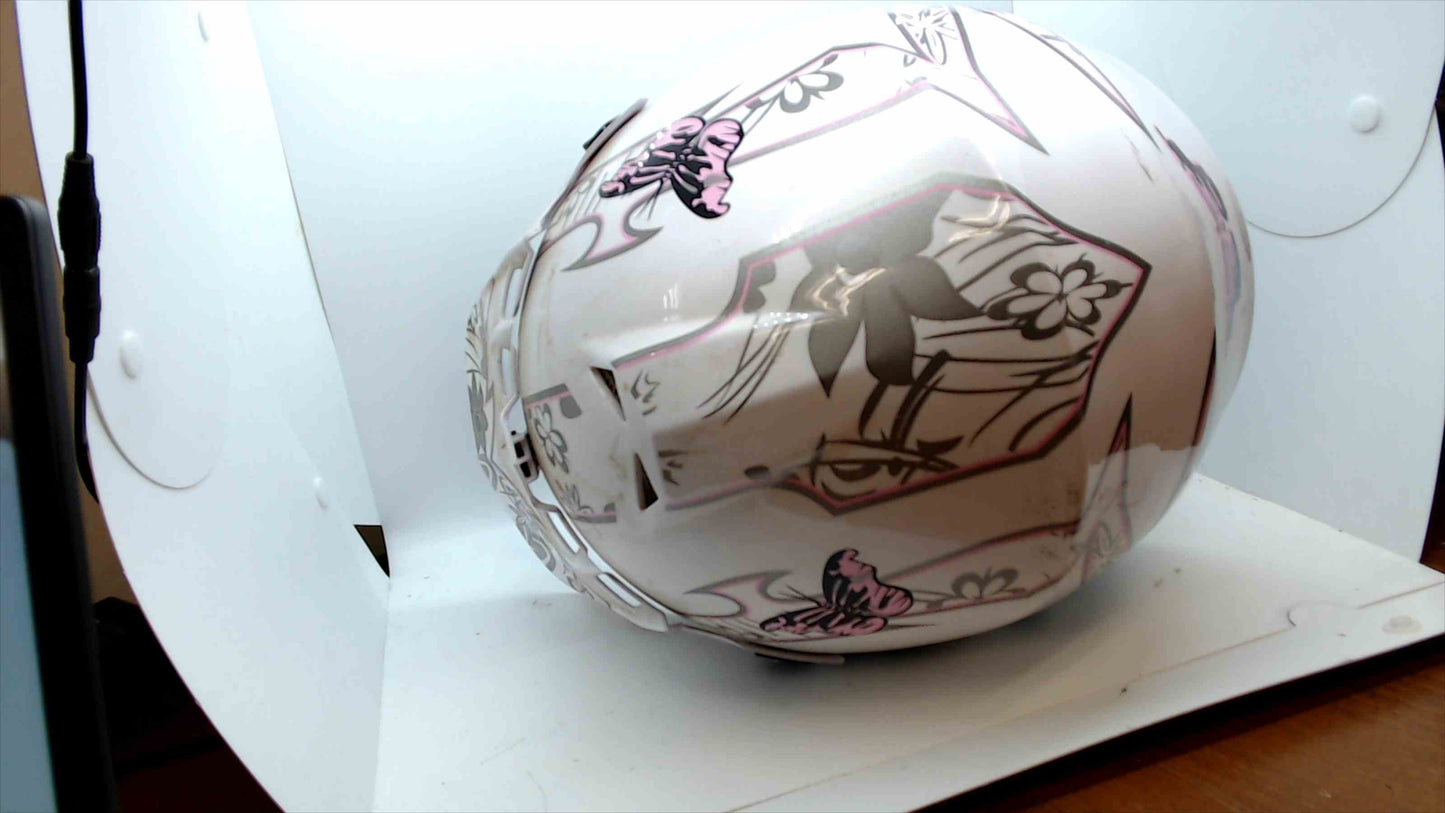 TCMT DOT-Certified Women’s Motocross/Off-Road Helmet – White w/ Pink & Gray Floral & Butterfly Graphics