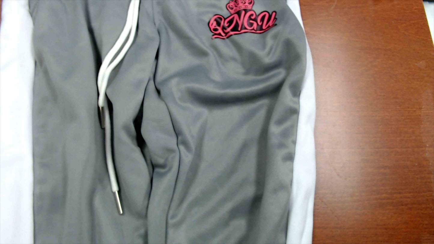 Queens Never Give Up Track Pants – Gray & White Striped – Size Large - Brand New