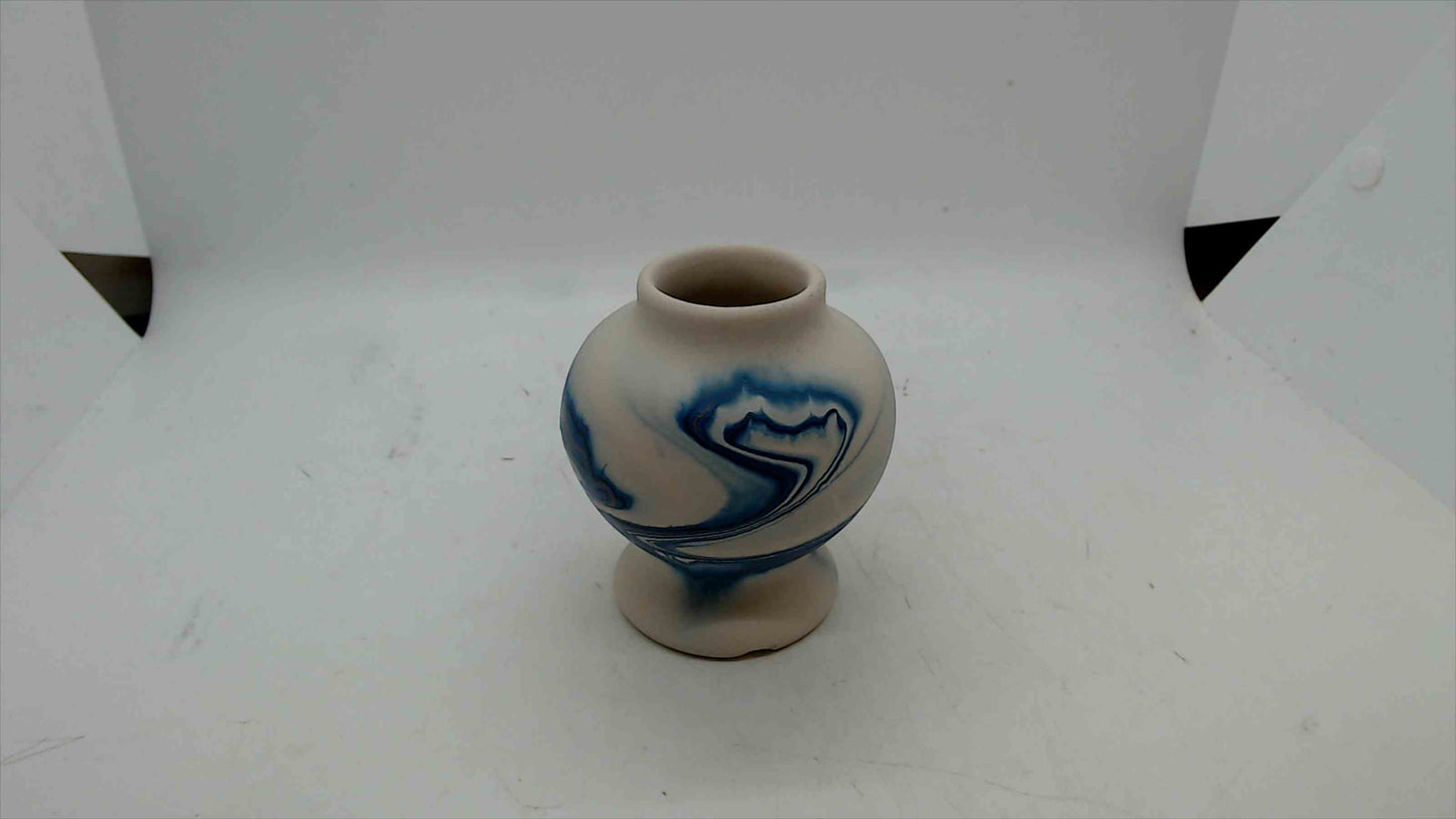 Nemadji Pottery Mini Vase – Hand Painted, Blue Swirl, Made in USA