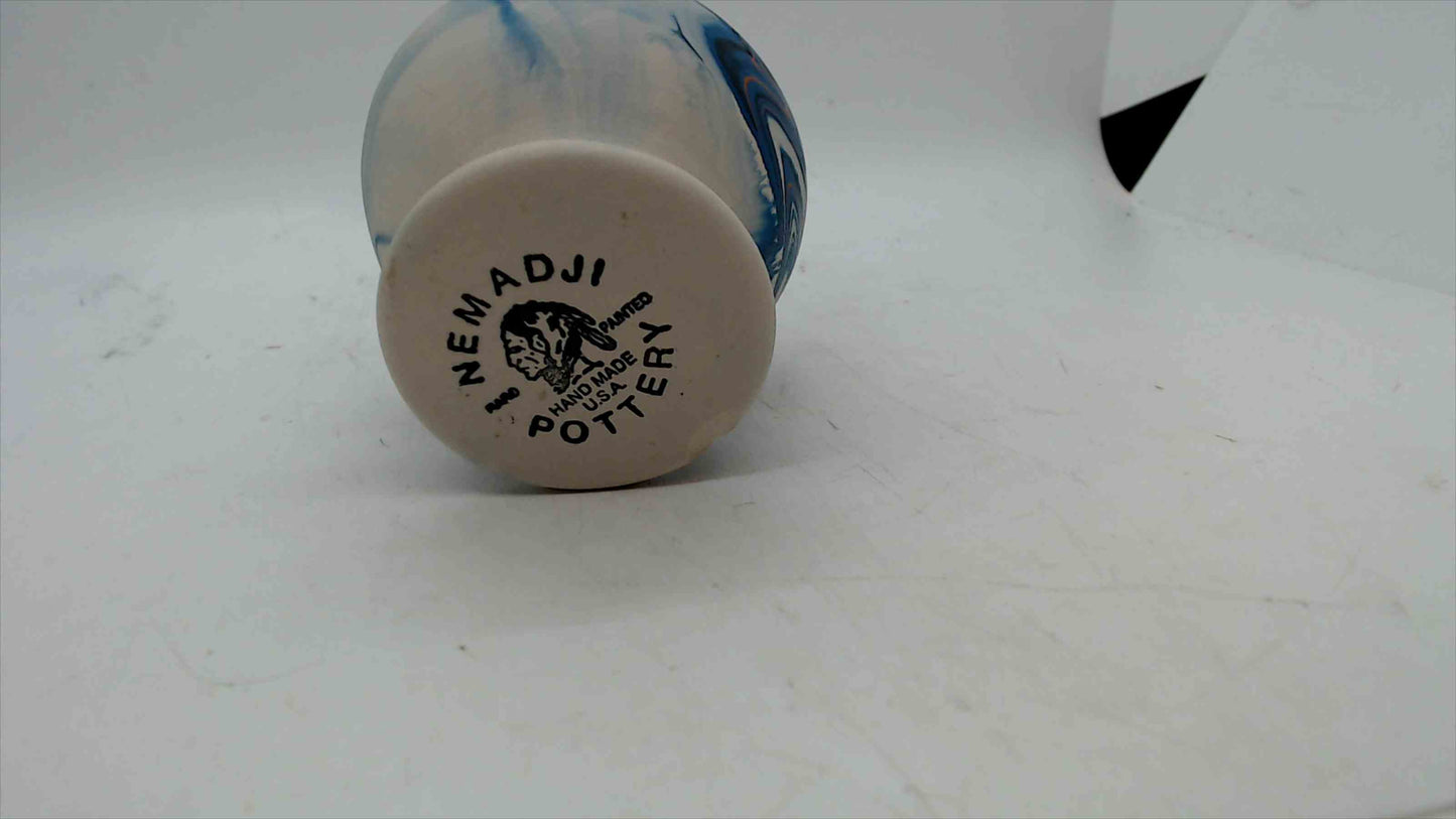 Nemadji Pottery Mini Vase – Hand Painted, Blue Swirl, Made in USA