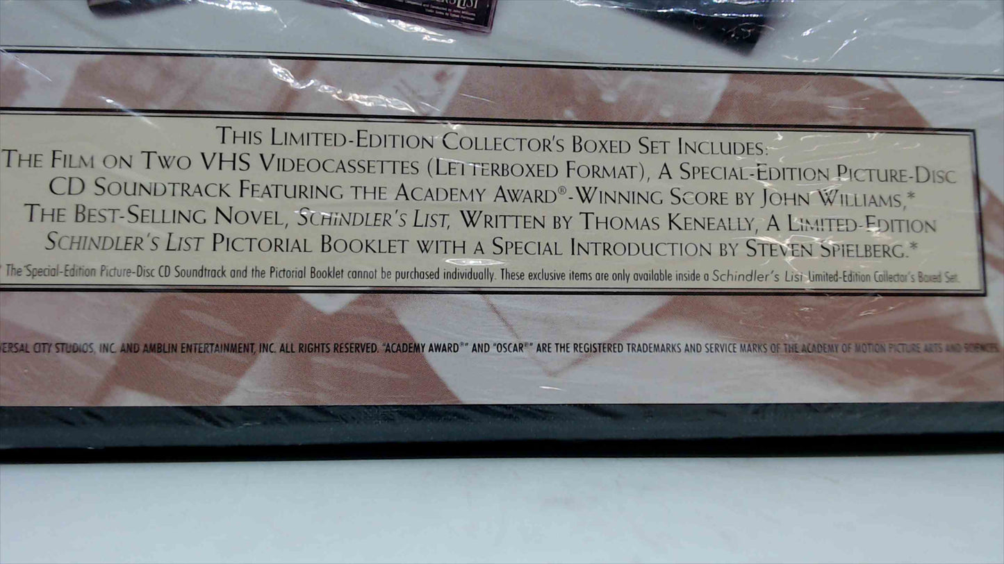 Schindler’s List Limited Edition Collector’s Gift Set — 2-Tape VHS (Letterboxed) + Soundtrack CD + Novel + Pictorial Booklet — NEW/Sealed