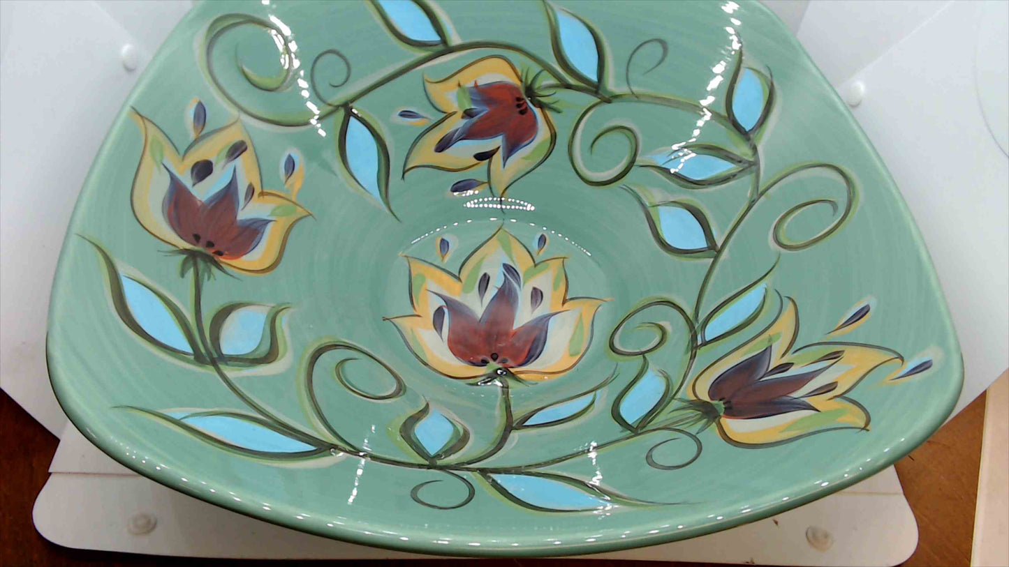 Southern Living at HOME by Gail Pittman Hand-Painted Stoneware Centerpiece Bowl w/ Wrought Iron Stand – Green Floral – Like New