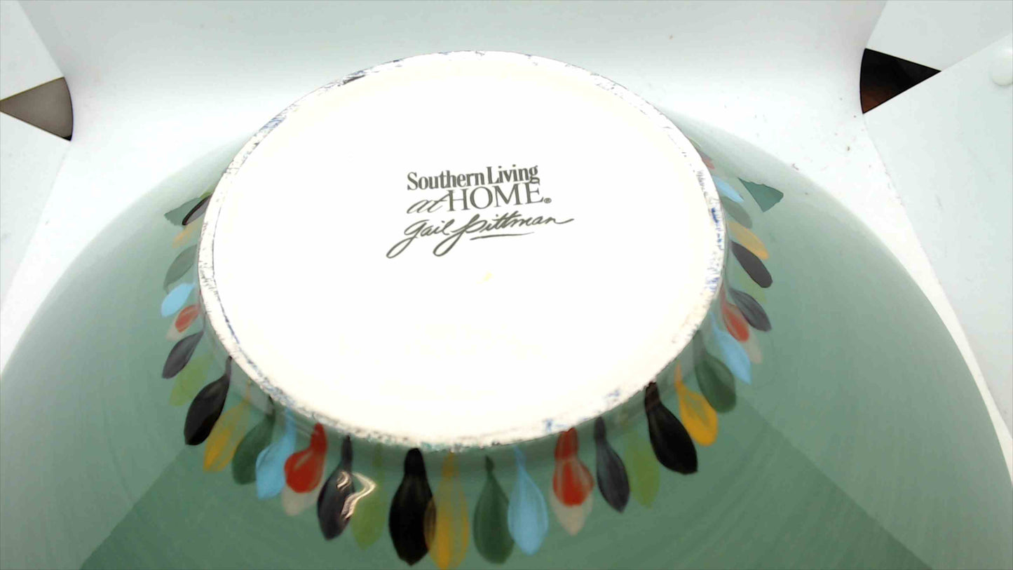 Southern Living at HOME by Gail Pittman Hand-Painted Stoneware Centerpiece Bowl w/ Wrought Iron Stand – Green Floral – Like New