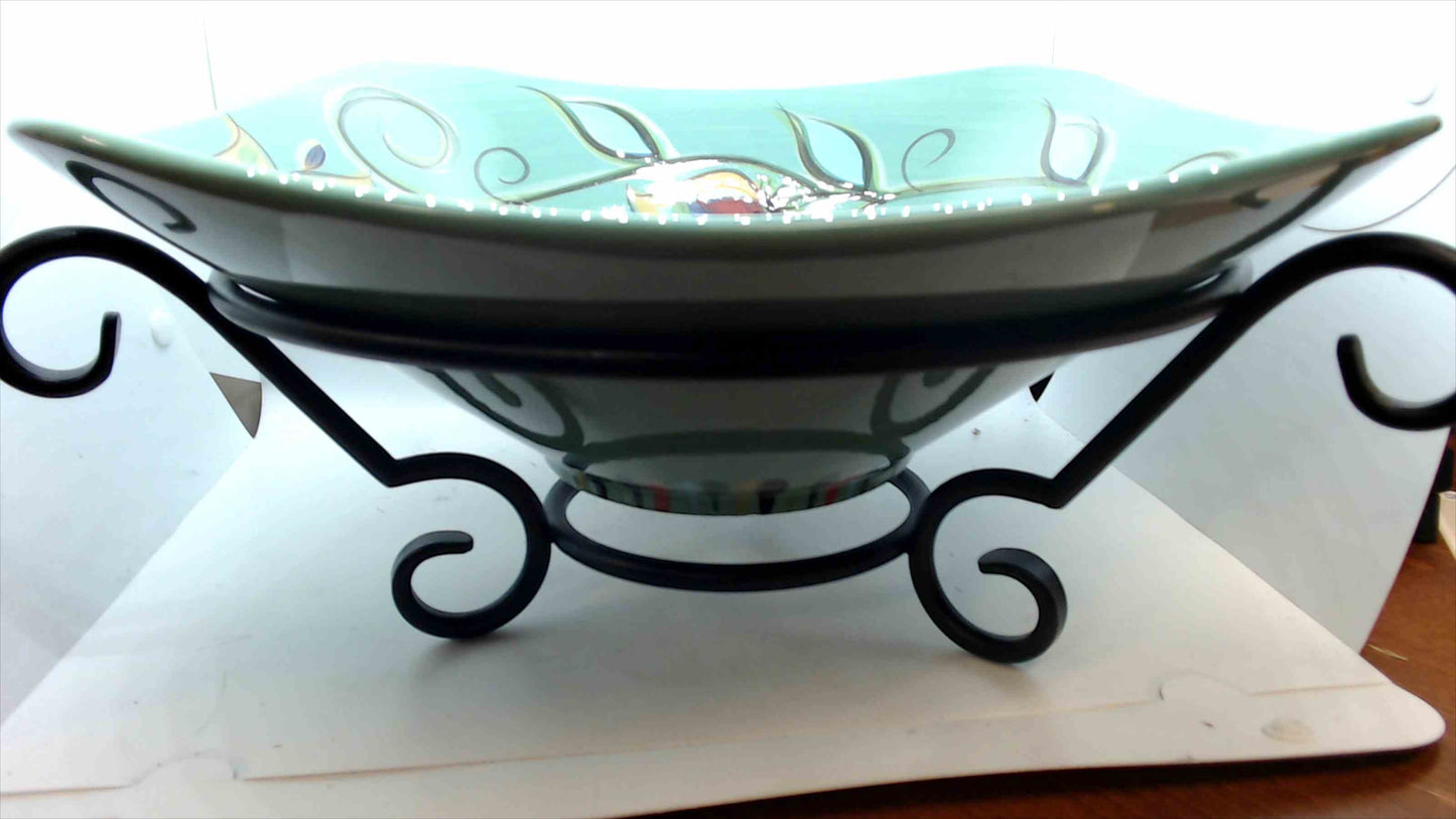 Southern Living at HOME by Gail Pittman Hand-Painted Stoneware Centerpiece Bowl w/ Wrought Iron Stand – Green Floral – Like New
