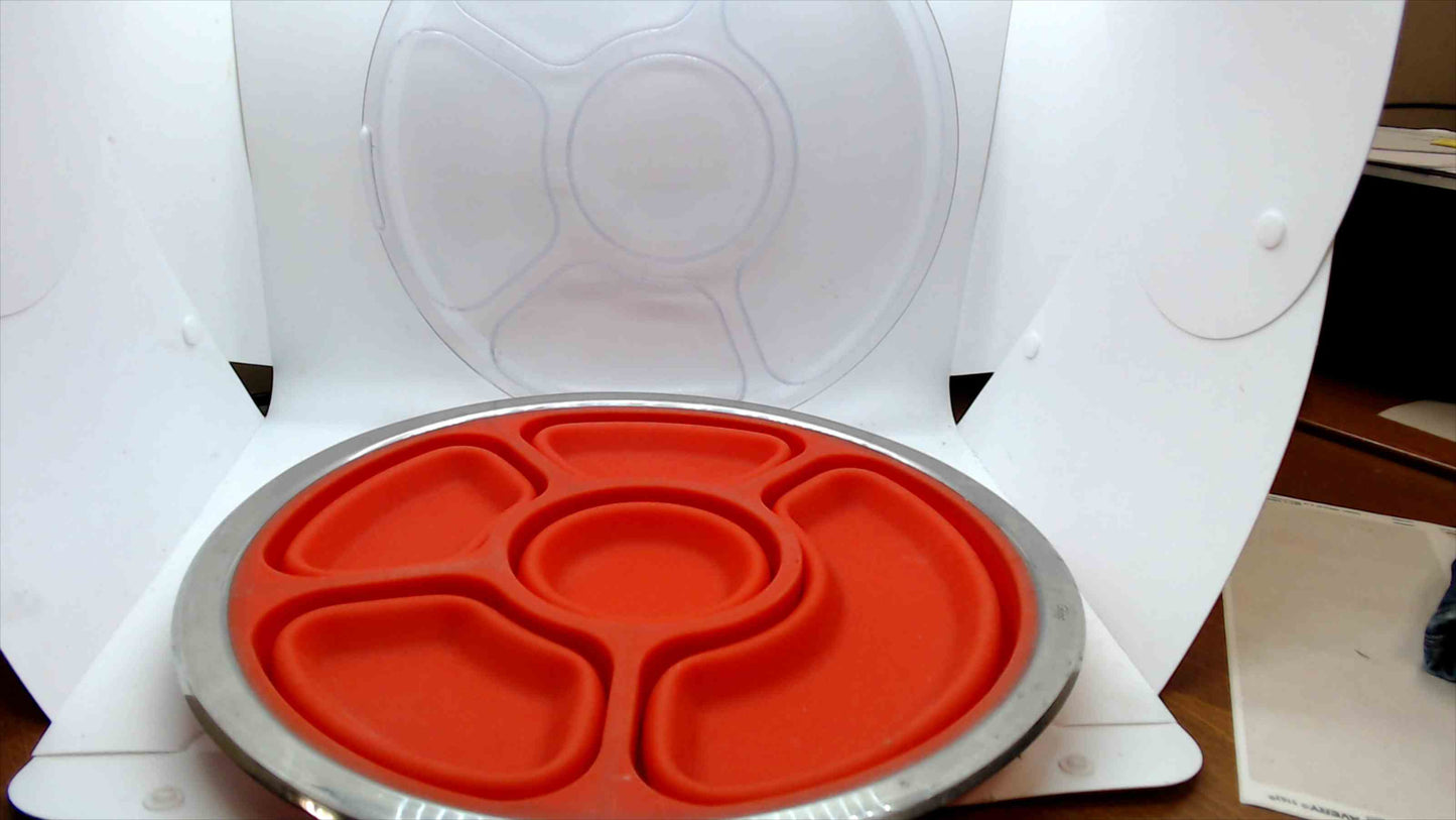 Round Divided Chip & Dip Serving Tray w/ Clear Lid – Stainless Rim & Orange Silicone Insert