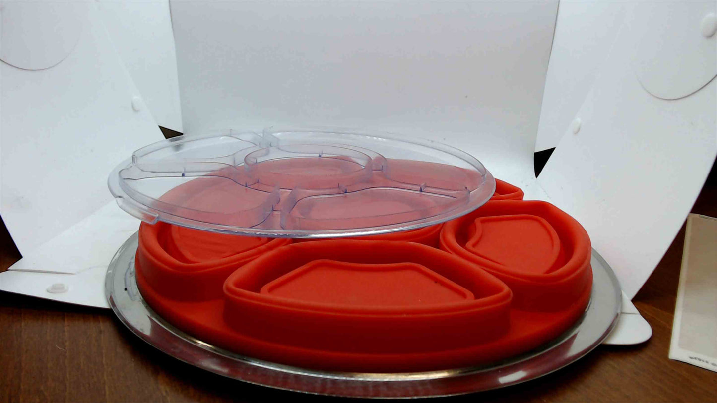 Round Divided Chip & Dip Serving Tray w/ Clear Lid – Stainless Rim & Orange Silicone Insert