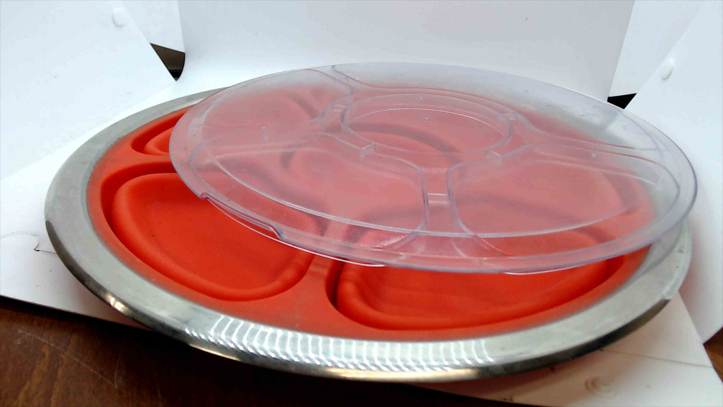 Round Divided Chip & Dip Serving Tray w/ Clear Lid – Stainless Rim & Orange Silicone Insert