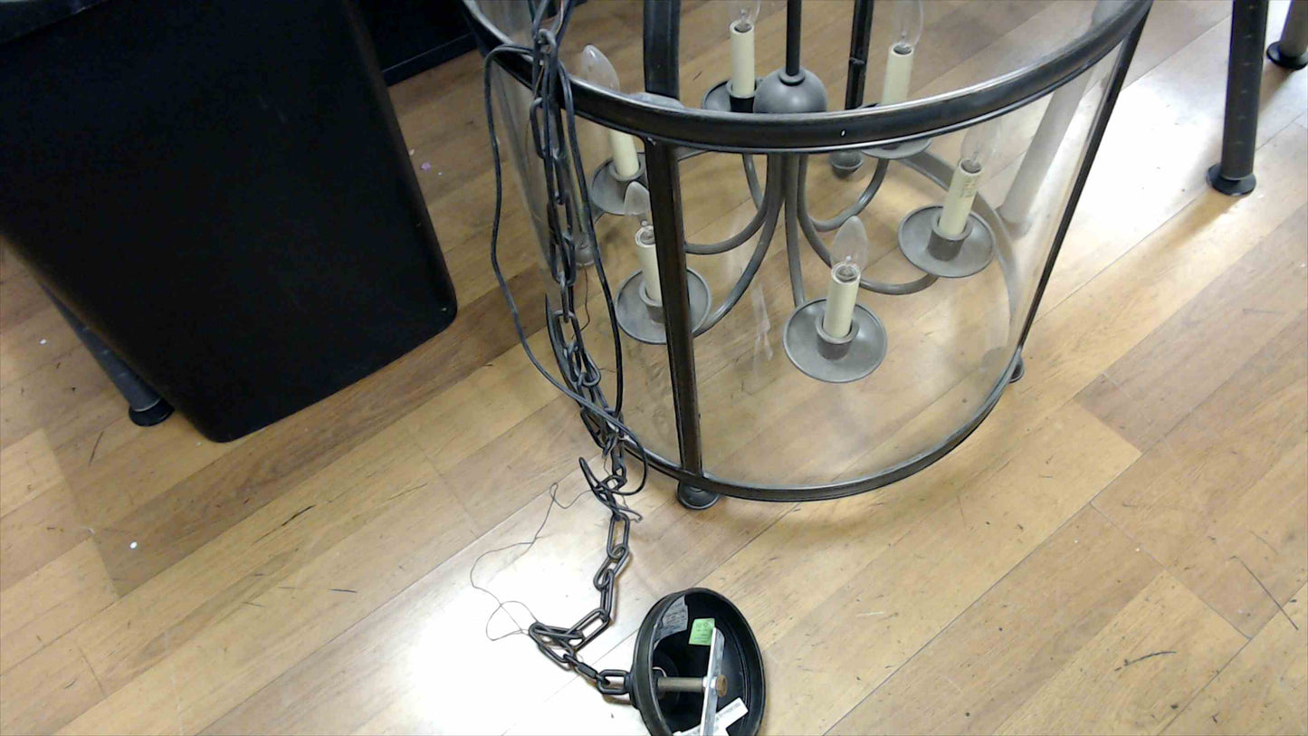 Large 6-Light Drum Chandelier / Foyer Lantern – Clear Glass & Brushed Pewter Finish (Tested & Working)