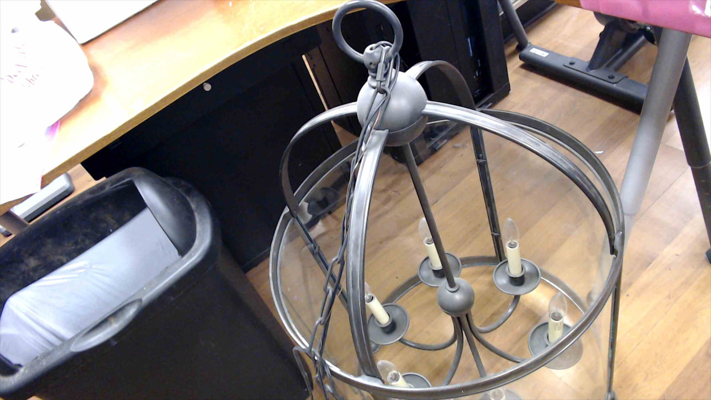 Large 6-Light Drum Chandelier / Foyer Lantern – Clear Glass & Brushed Pewter Finish (Tested & Working)