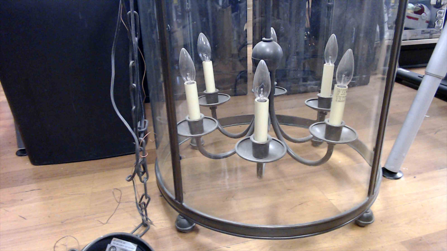 Large 6-Light Drum Chandelier / Foyer Lantern – Clear Glass & Brushed Pewter Finish (Tested & Working)