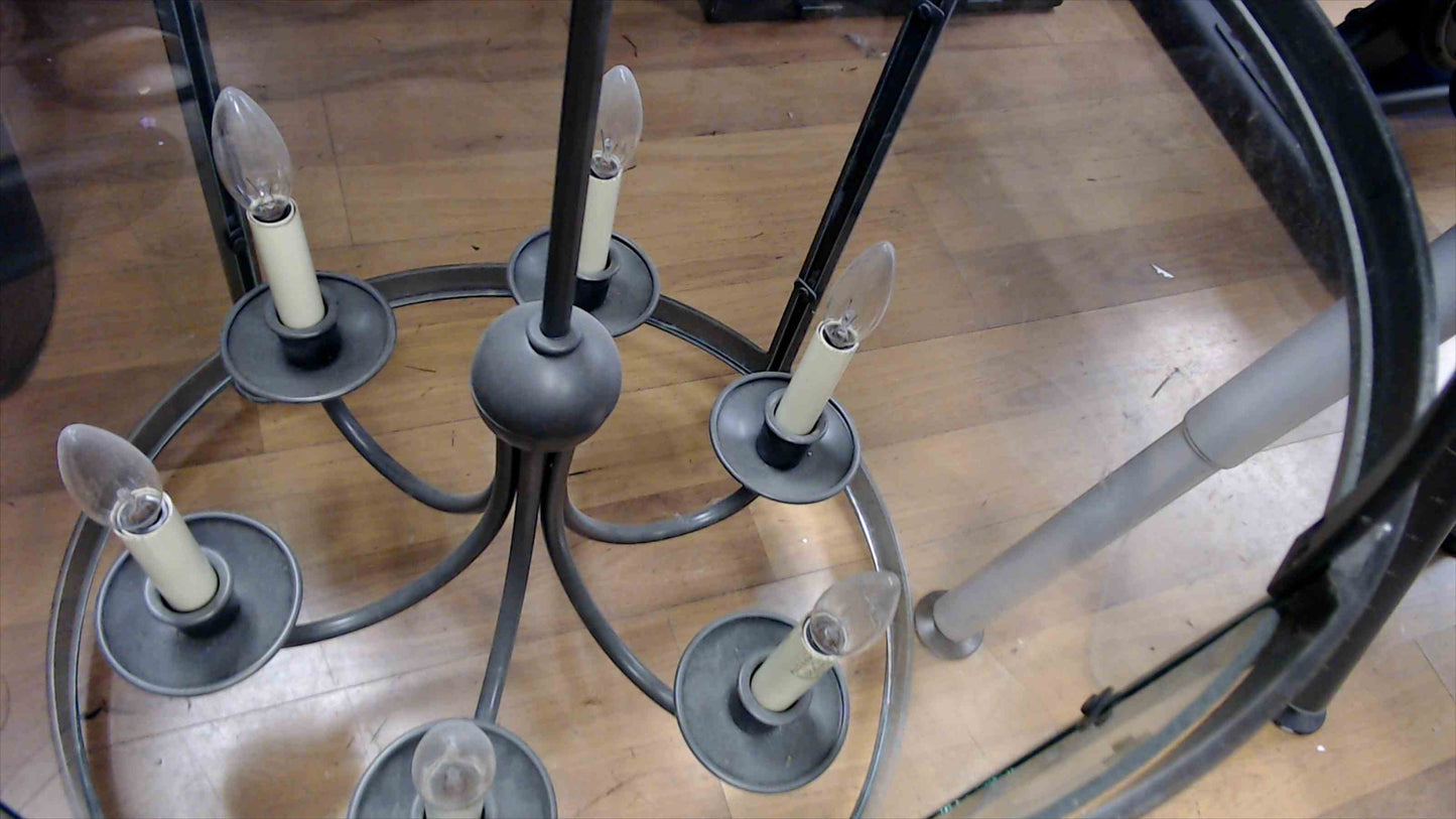 Large 6-Light Drum Chandelier / Foyer Lantern – Clear Glass & Brushed Pewter Finish (Tested & Working)