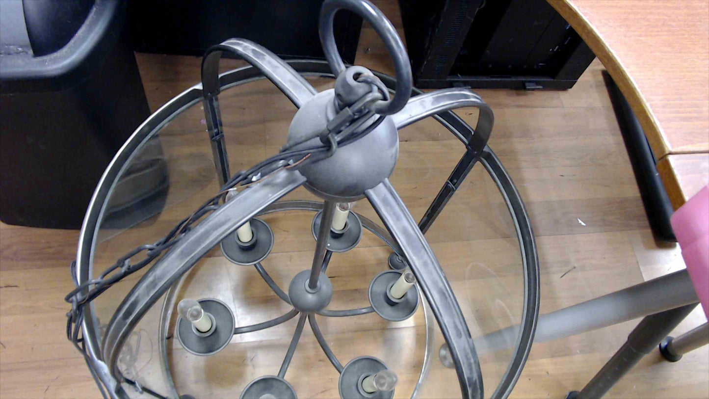 Large 6-Light Drum Chandelier / Foyer Lantern – Clear Glass & Brushed Pewter Finish (Tested & Working)
