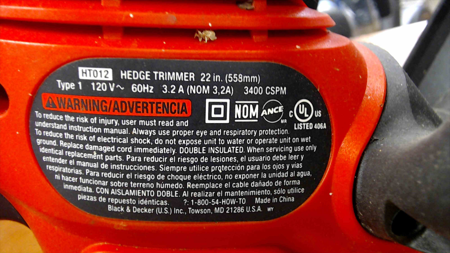 Black & Decker HT012 22" Electric Hedge Trimmer – 3.2A, 3400 CPM – Tested & Working