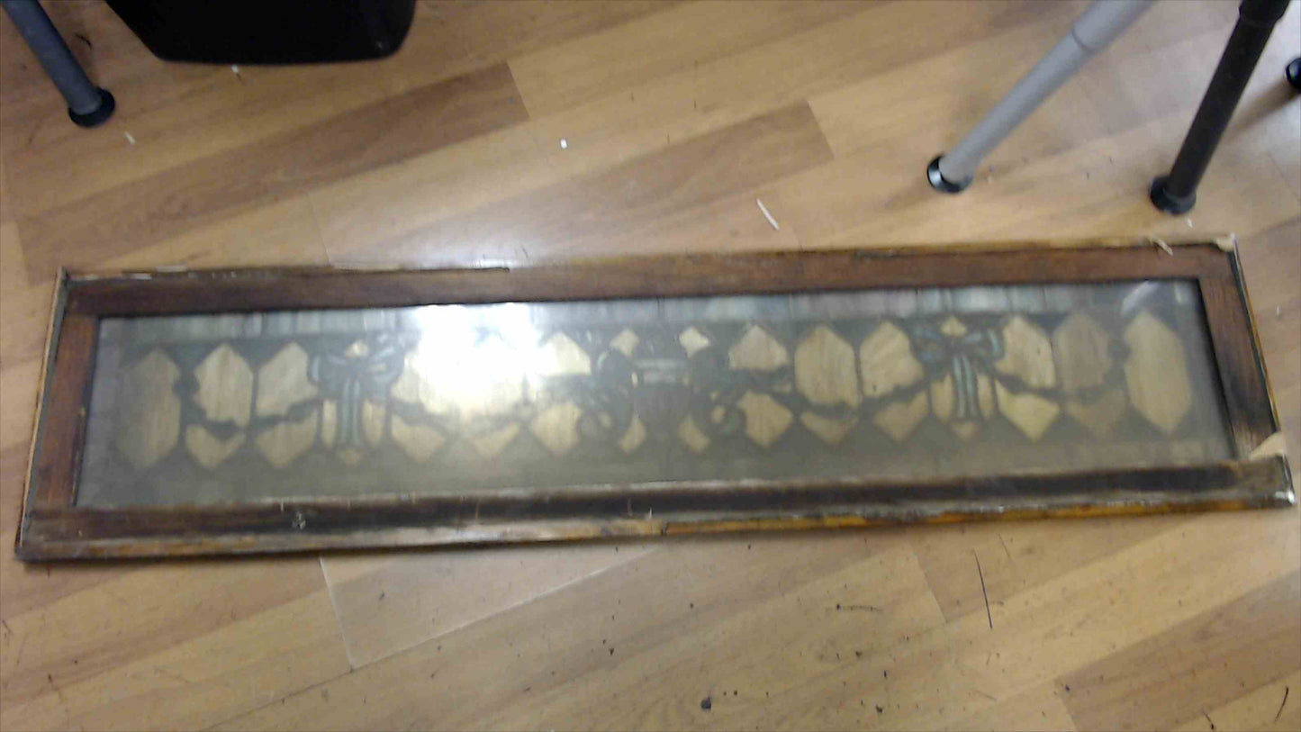 Vintage Leaded Stained-Glass Transom Window Panel w/ Urn & Ribbon Motif – Wood Frame (57" x 14")