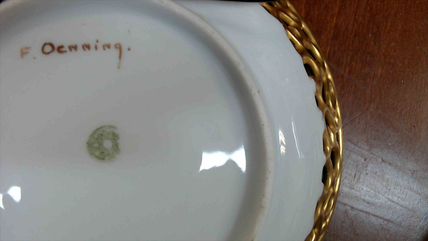Vintage Hand-Painted Porcelain Relish Tray & Reticulated Candy Bowl – Floral Pansies, Signed F. Oenning (1942)