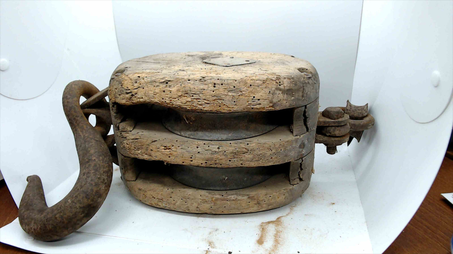 Antique Wooden Double-Sheave Block & Tackle Pulley w/ Large Forged Iron Hook – Rustic Nautical Decor